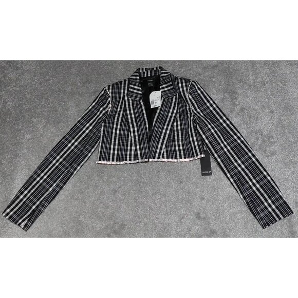 Forever 21 Cropped Jacket Blazer Women's Medium Multicolor Plaid Beaded Hem - Picture 1 of 12